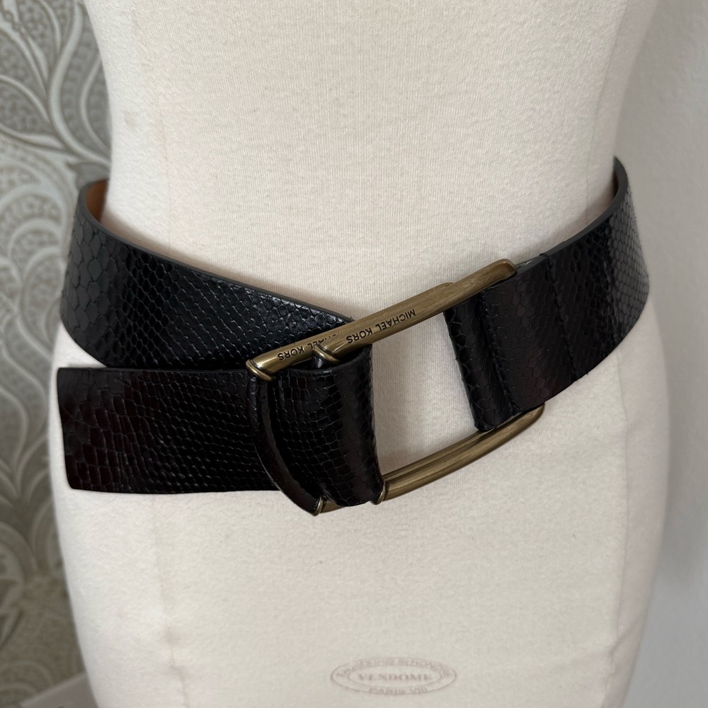 Michael Kors Black Textured Leather Belt with Gold Buckle